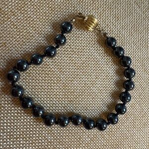 Hematite Bead Bracelet Gold Tone Clasp Round Strand Vintage Style Jewelry